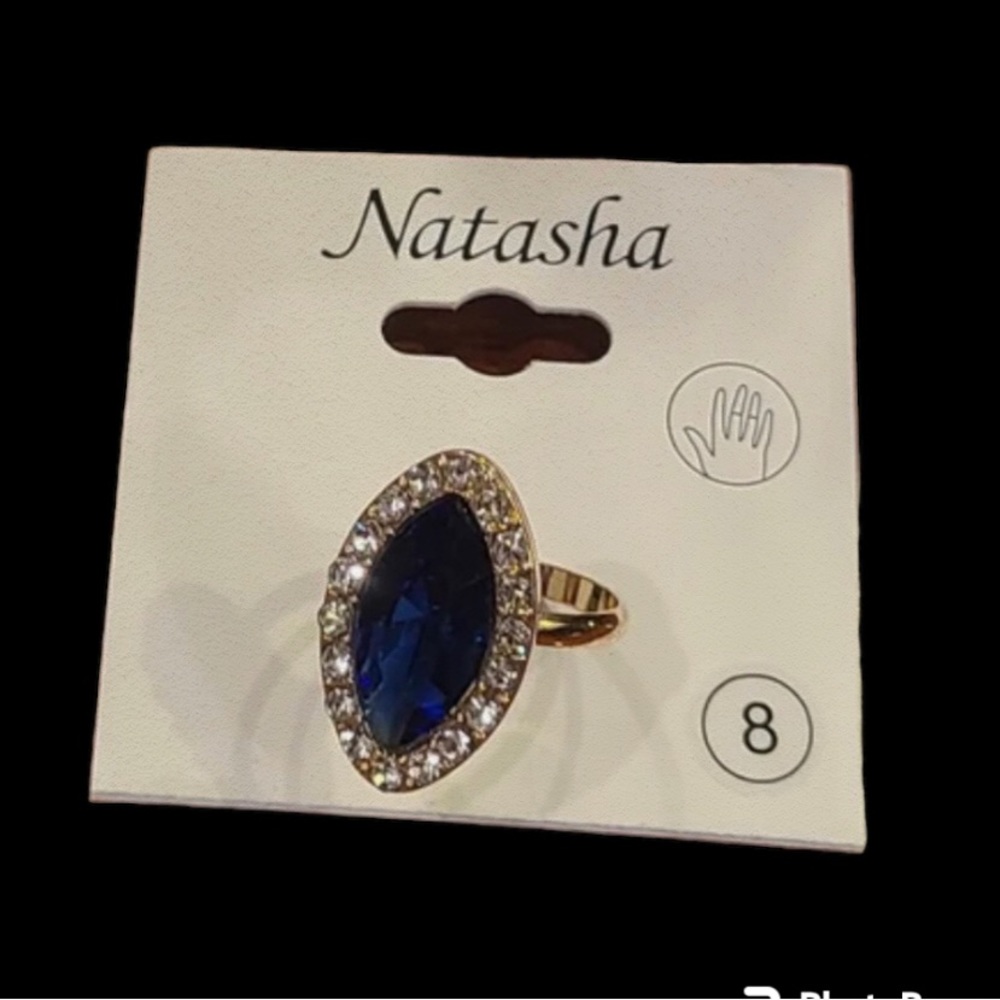 Natasha Ring Size 8 Sapphire Blue Color Stone w/ white Rhinestones surround NEW